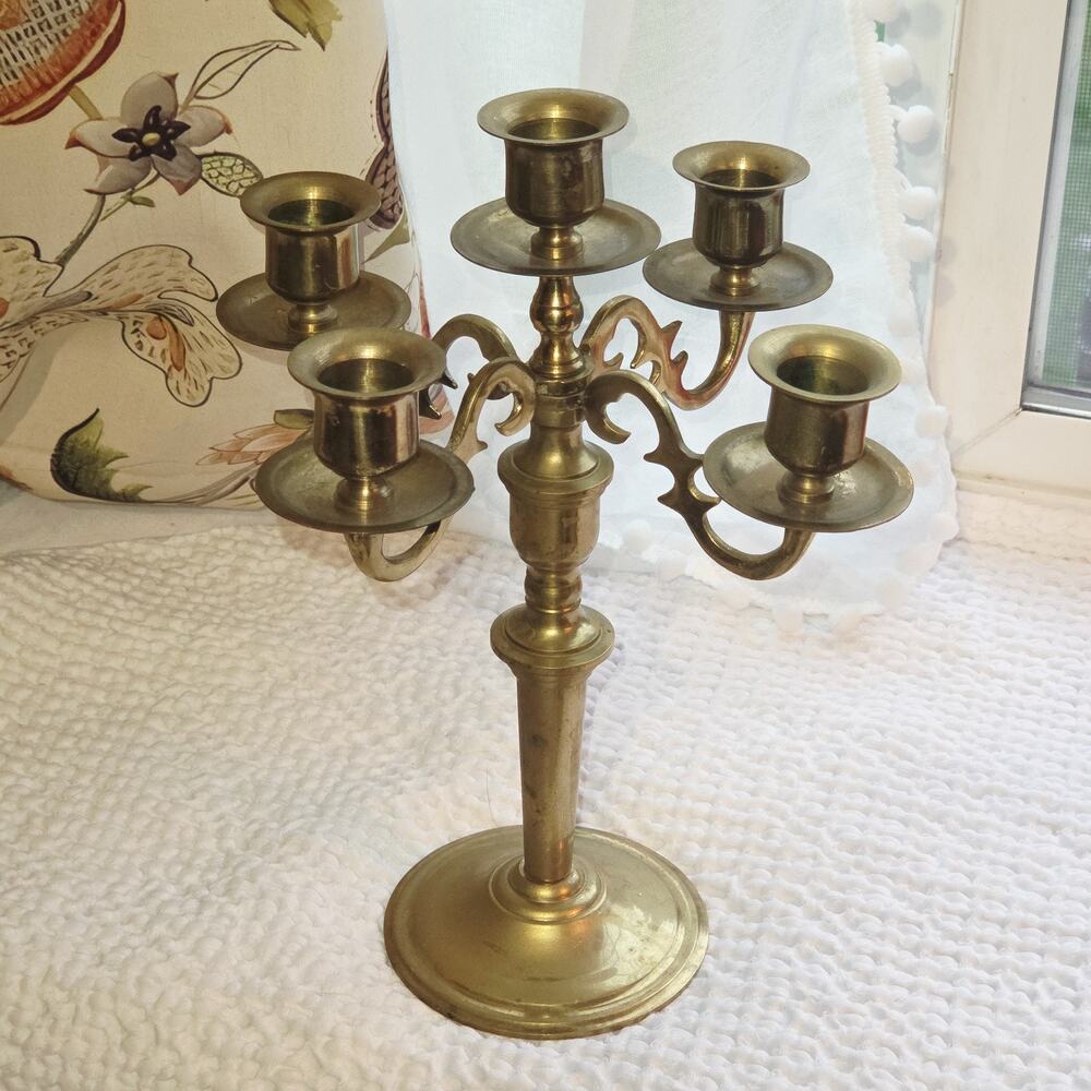 Vintage Brass 5 Candle 4 Arm Candlelabra 9.75" Solid Brass Candlestick